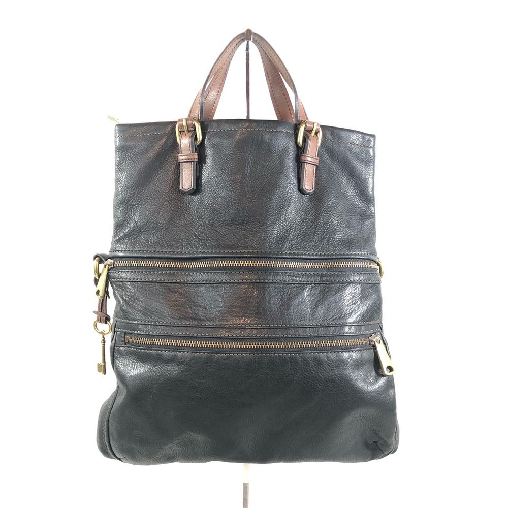 Fossil Explorer Fold Over Tote || Black Leather